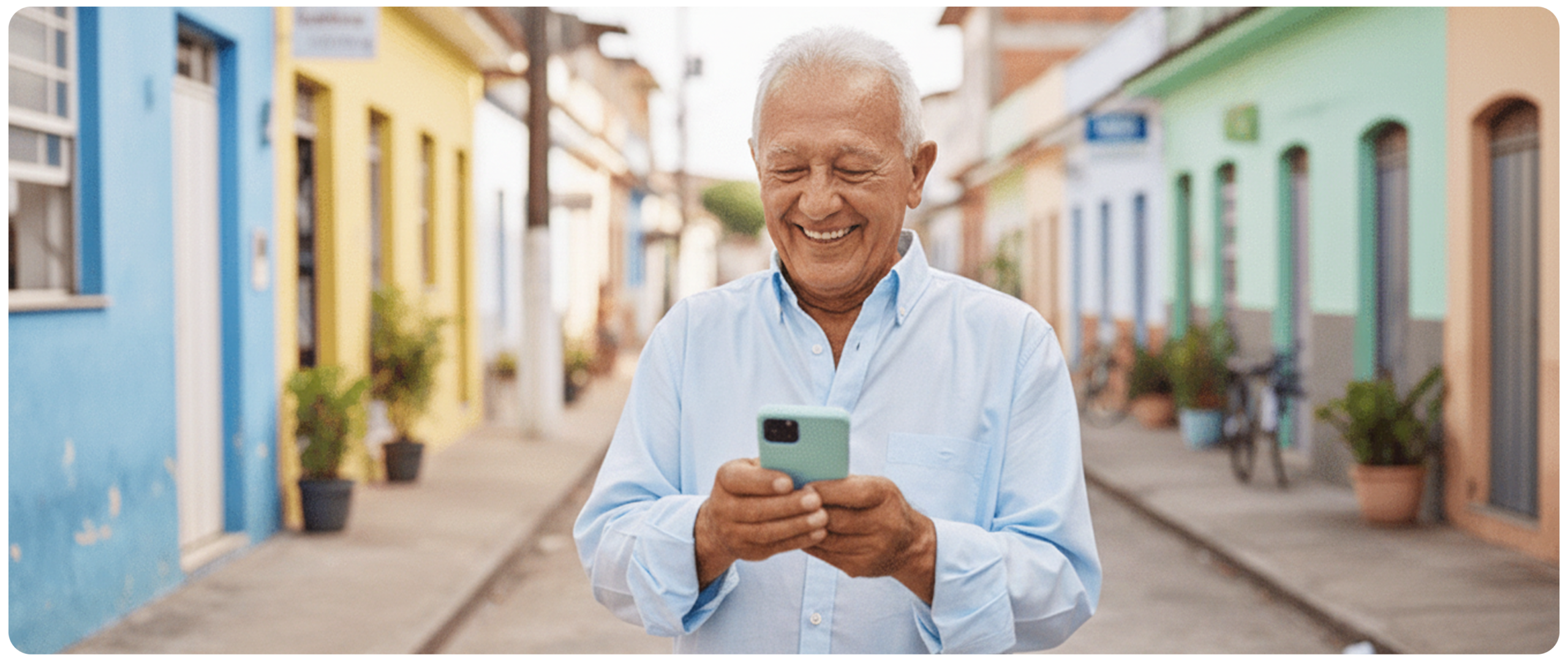 Homem idoso sorrindo enquanto usa smartphone em rua colorida.