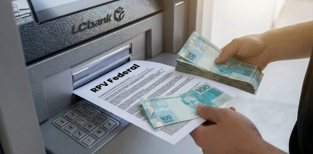 Notas de 100 reais saindo de um caixa eletrônico com um documento RPV Federal.