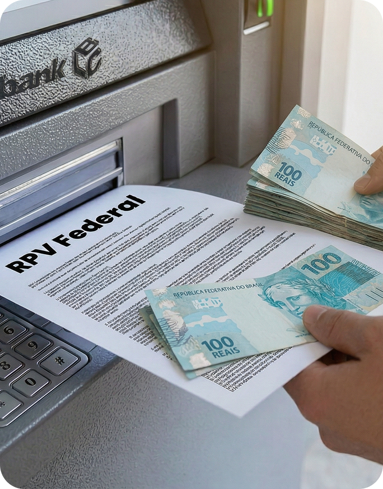 Notas de 100 Reais saindo de caixa eletrônico com documento RPV Federal.
