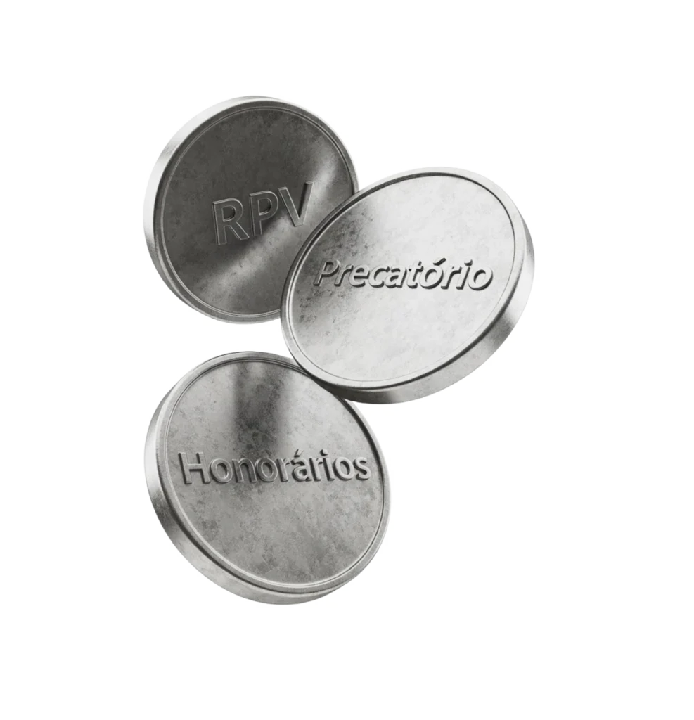 Moedas com RPV, Precatório e Honorários, representando pagamentos judiciais.