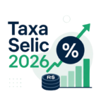 Gráfico de barras verde e azul com seta ascendente, indicando taxa Selic 2026.