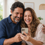 Casal sorridente olhando para um celular com fotos