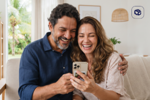Casal sorridente olhando para um celular com fotos